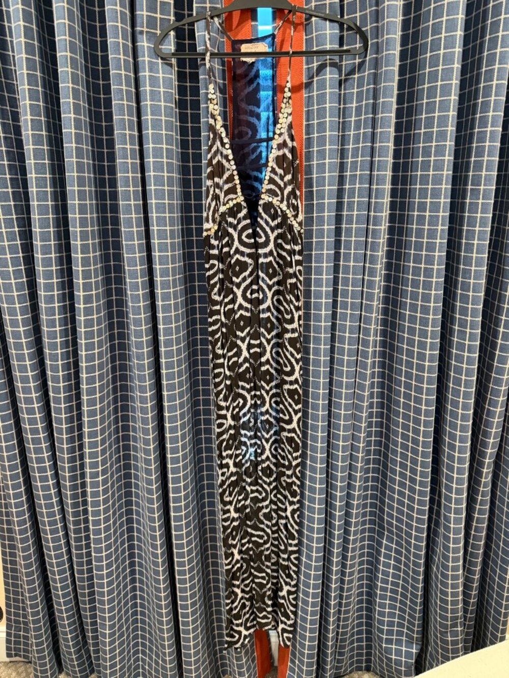 Nicole Miller Black White Ikat Print Beaded Maxi Dress Size M